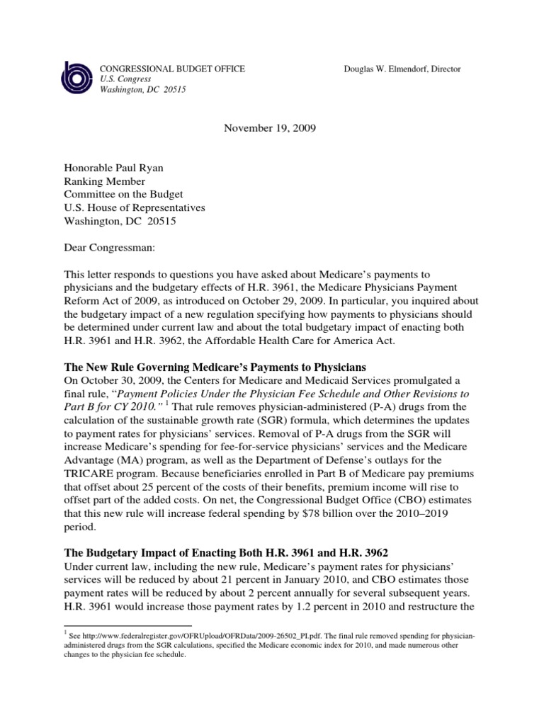 CBO Scoring of HR3961 (Doc Fix) and Update With HR3962 (PelosiCare ...