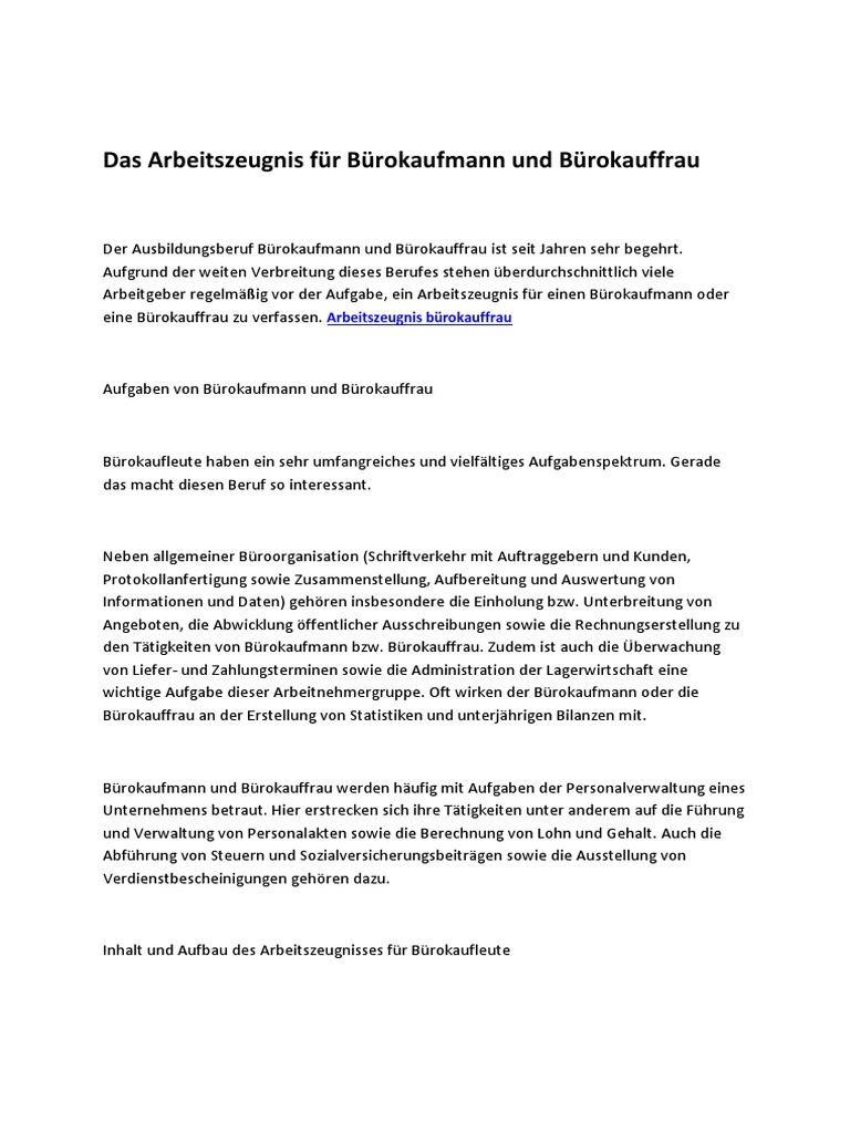 Das Arbeitszeugnis Fur Burokaufmann Und Burokauffrau Pdf