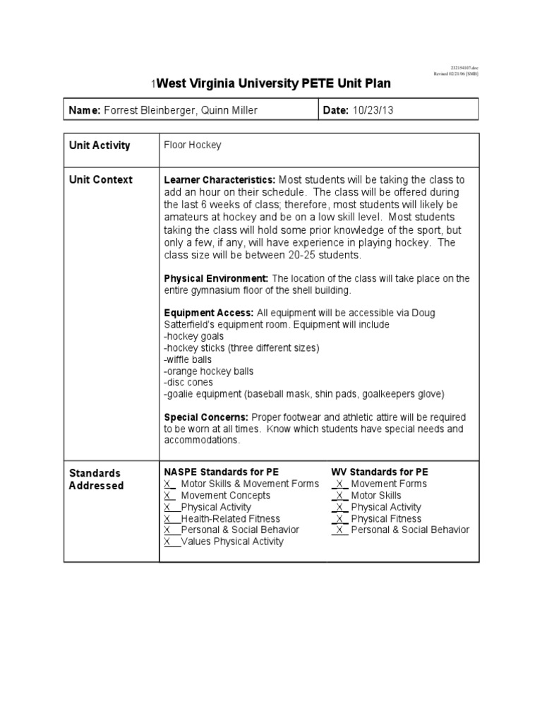 Bip Floor Hockey Unit Plan Finalized PDF Sports Rules And Regulations Sports