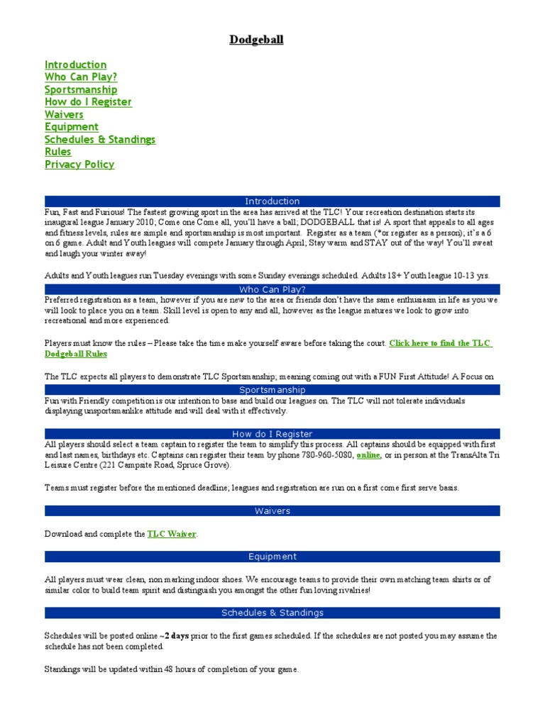 TLC Dodgeball Information PDF Sports Rules And Regulations Teams