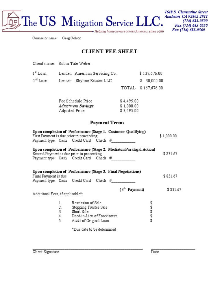 Revised Fee Sched Payment Form Robin Tate 8 10 09 | PDF | Loans | Payments