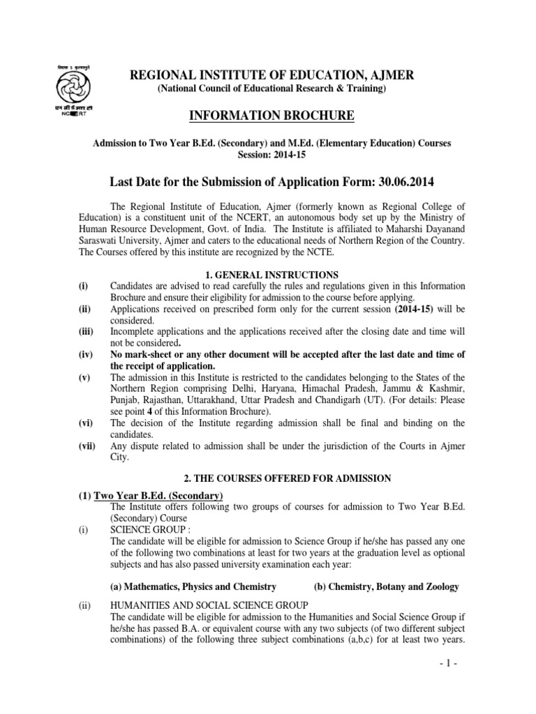 RIE Ajmer B.ed M.ed Admission 2014 Postgraduate Education
