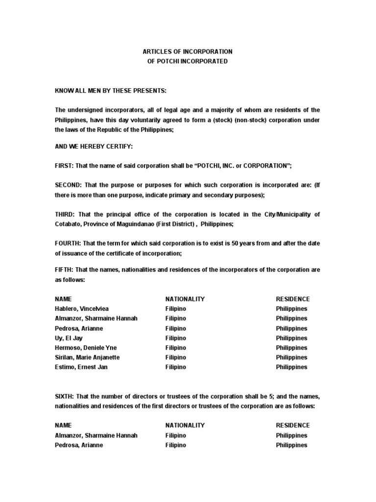 Free Articles Of Incorporation Template Word Philippines