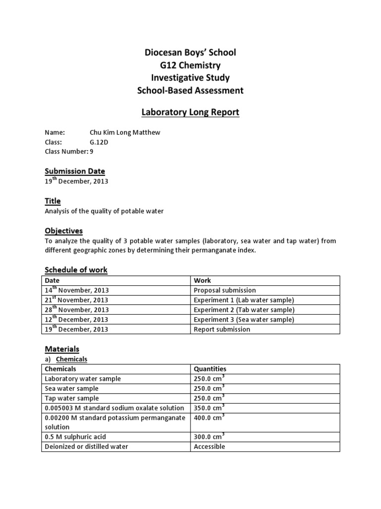 Chemistry SBA Long Report (Permanganate Index) Titration Chemistry