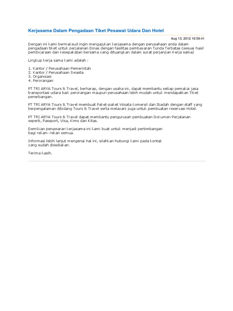 Contoh Surat Penawaran Kerjasama Travel Dengan Hotel