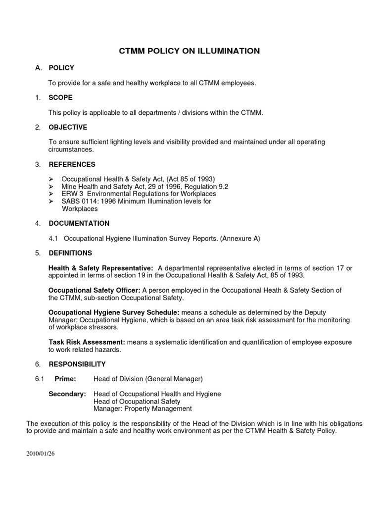 Illumination Policy PDF Occupational Hygiene Occupational Safety And Health