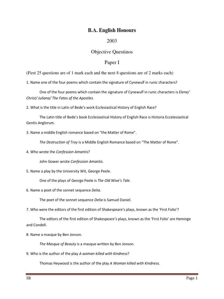 English Literature Objective Questions | PDF | Gothic Fiction | Poetry