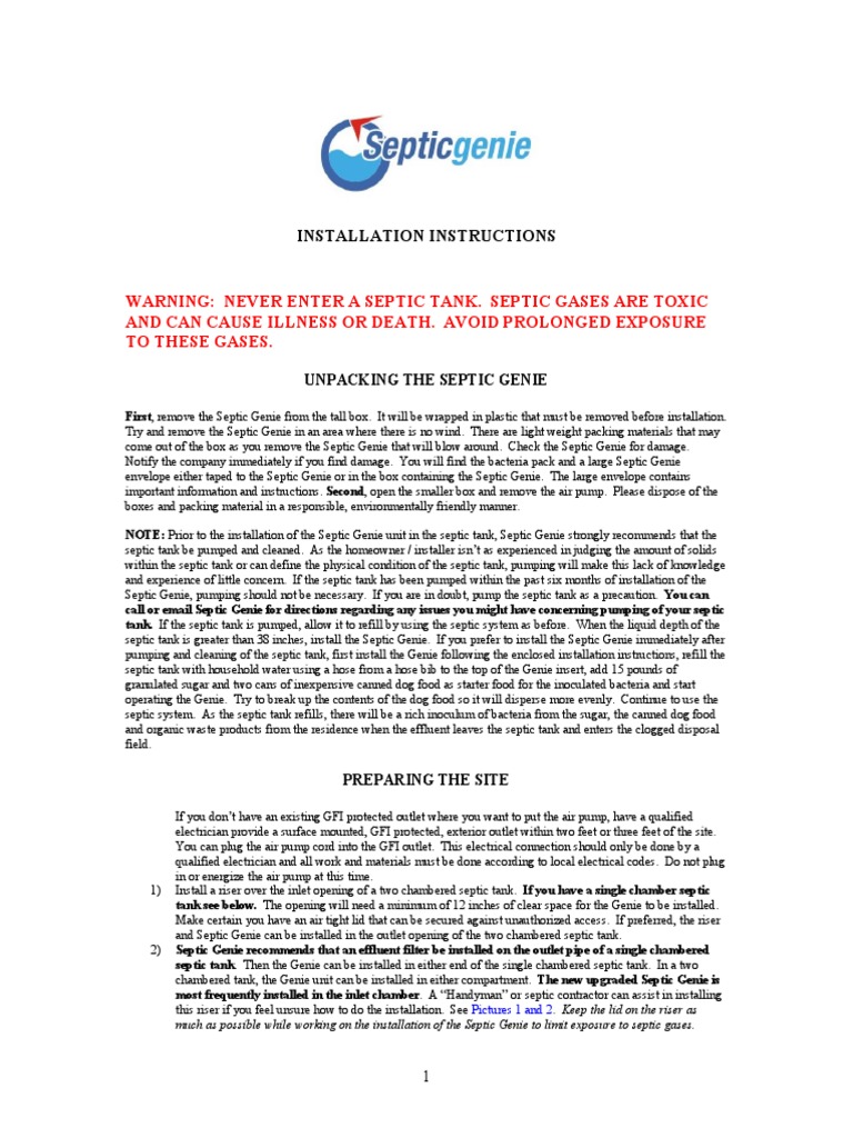 Septic Genie Installation Instructions PDF Septic Tank Pipe