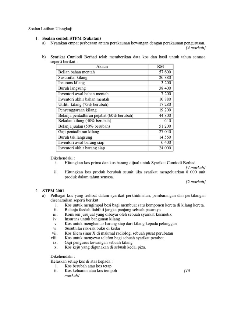 Soalan Latihan Ulangkaji Perakaunan Kos Pdf