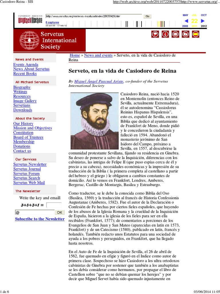Biografía de Casiodoro de Reina en La Servetus International Society