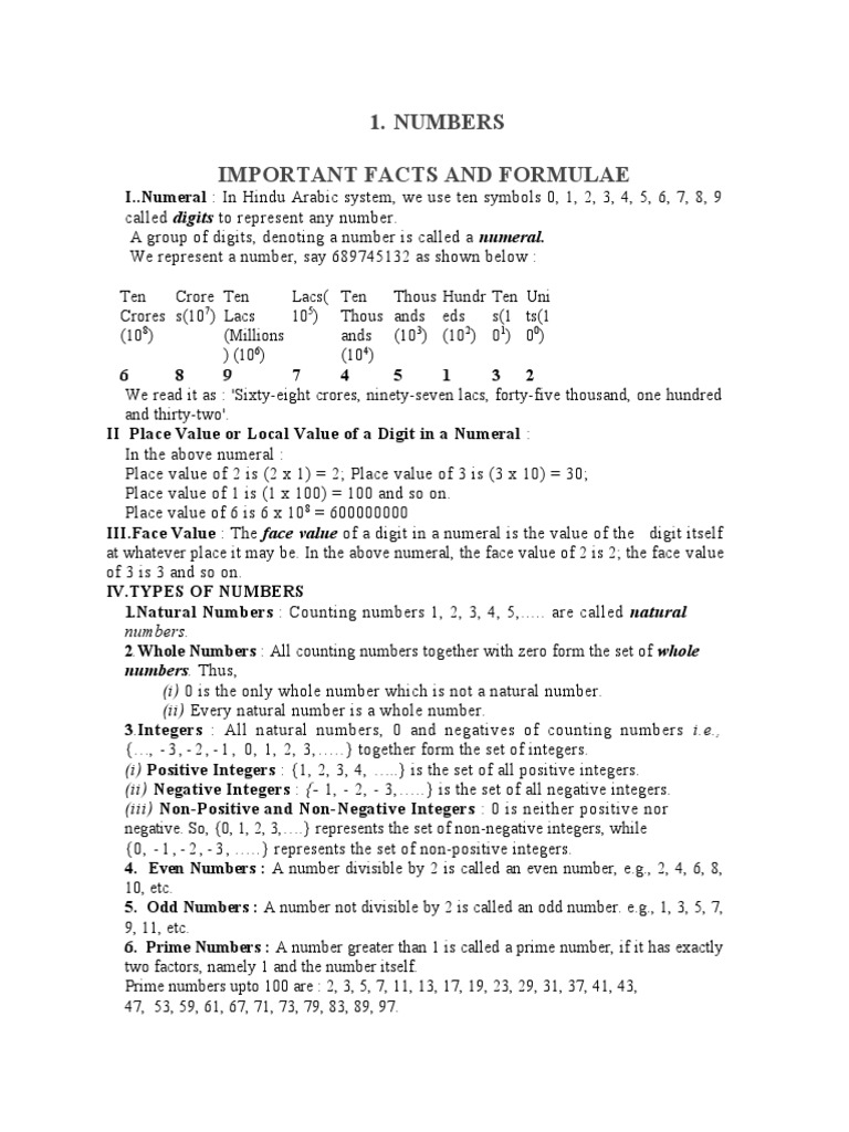 Numbers Important Facts and Formulae: We Represent A Number, Say ...