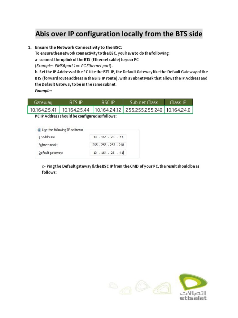 Configuring Local IP Over FE Static IP Connectivity from the BTS to the ...