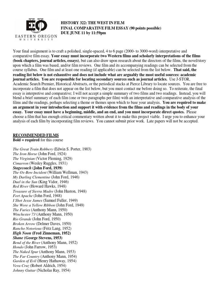 The West In Film Final Comparative Film Essay Western - 