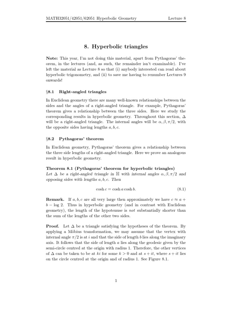 Hyperbolic Geometry: Triangle Theorems | PDF | Triangle | Trigonometric ...