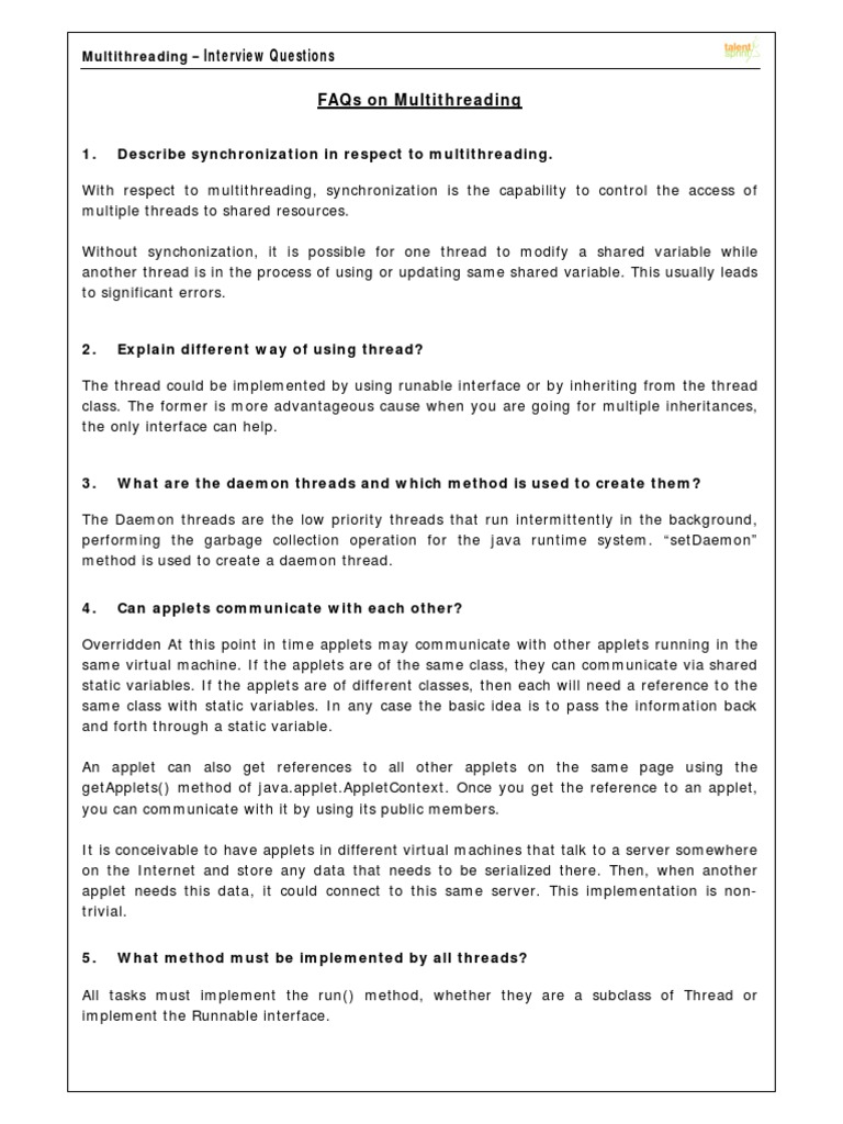 Interview Questions Faqs On Multithreading PDF Thread