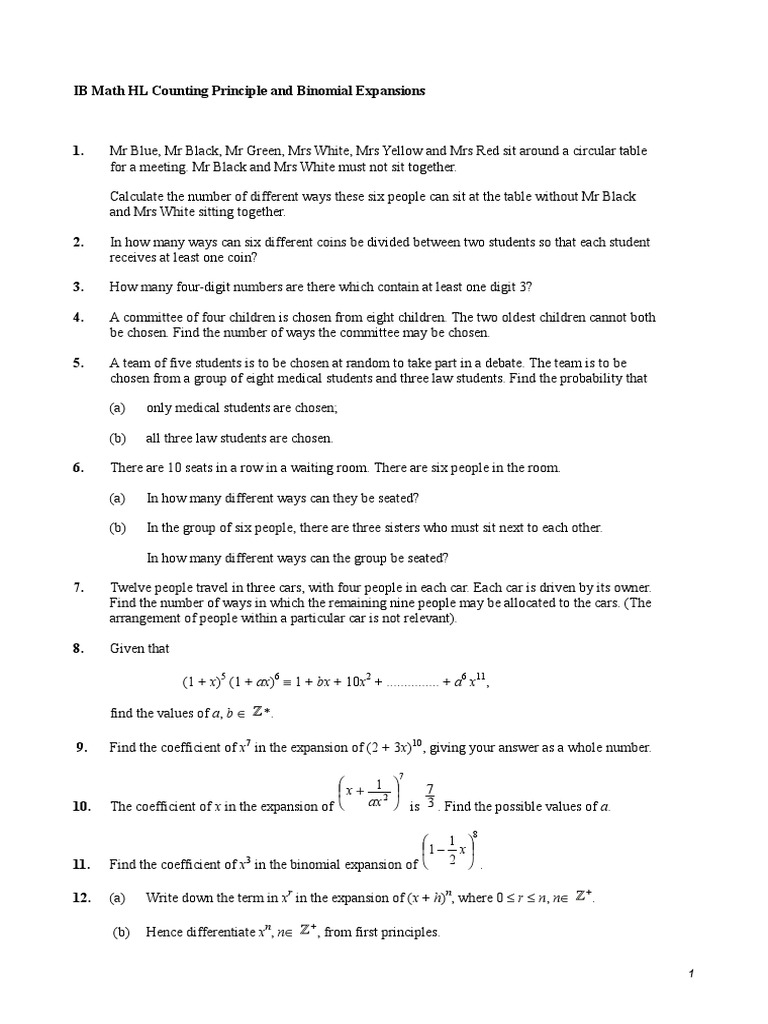 IB HL Counting Binomial Questions | PDF | Teaching Mathematics