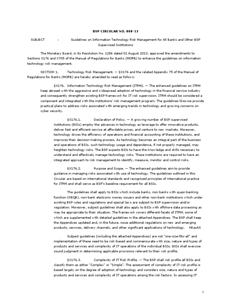 BSP Circular No. 80813 Guidelines on Information Technology Risk