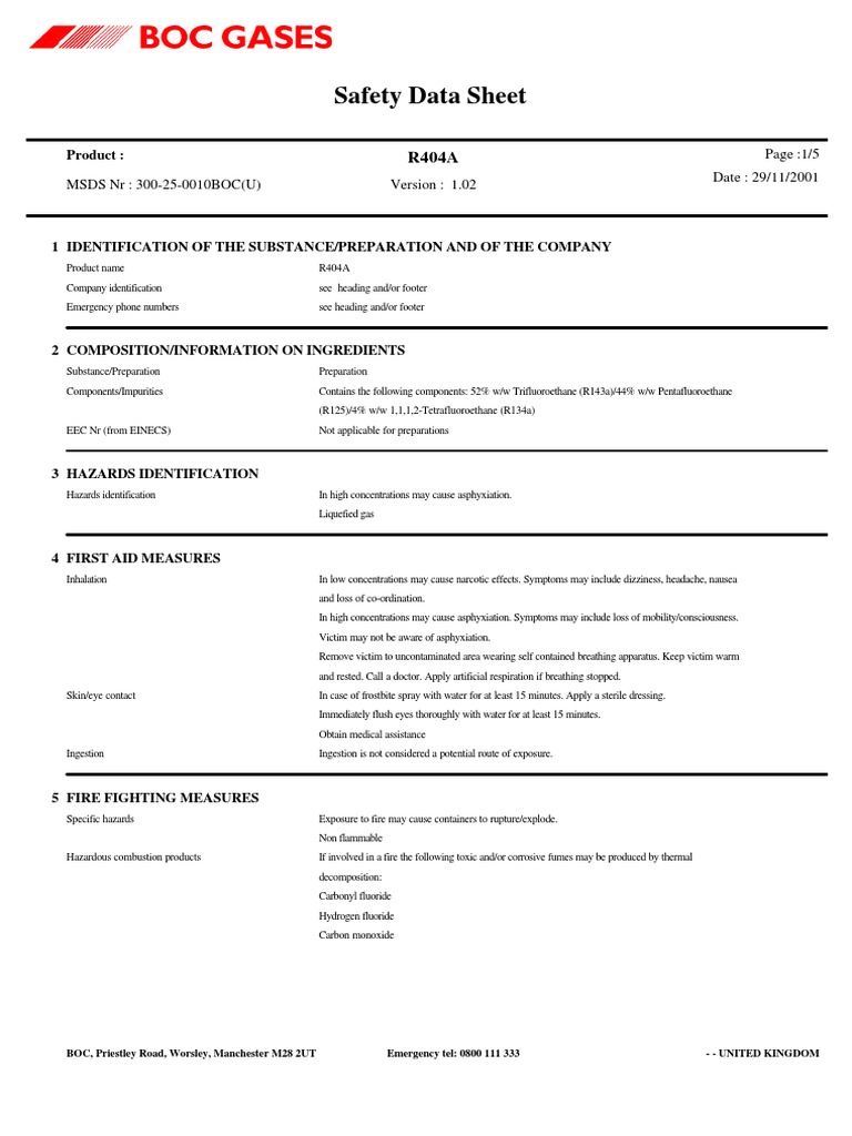 R404a Boc Msds PDF Chemistry Materials