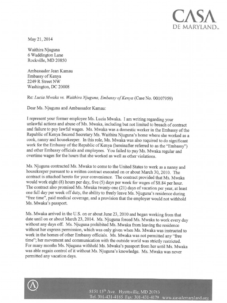 Letter to the Kenyan ambassador from attorney for Lucia Mwaka