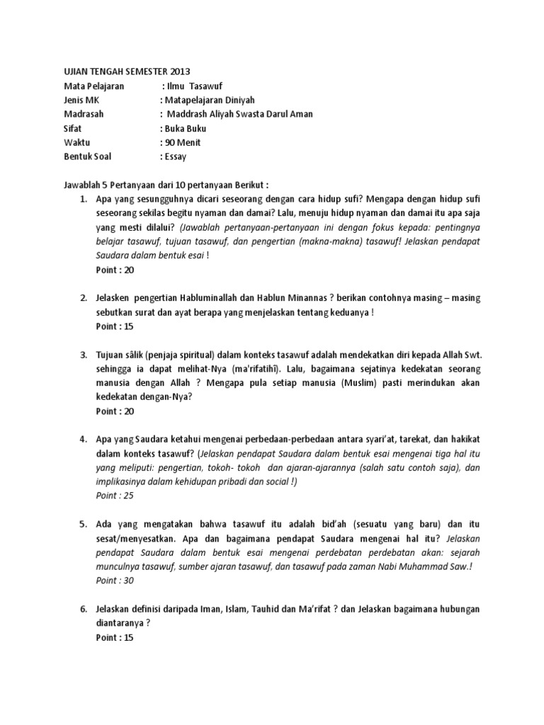 Ujian Tengah Semester 2013 Mas Da Docx Soal Ilmu Tasawuf Pdf