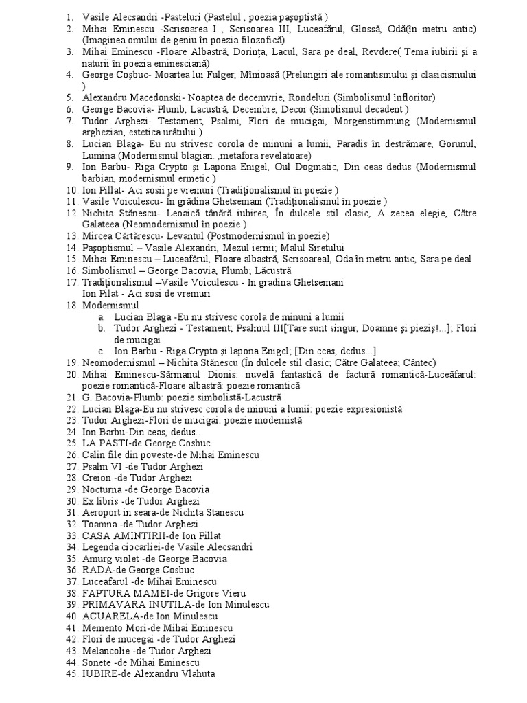 Lista Minimala Cu Opere Literare Pentru Bac  PDF