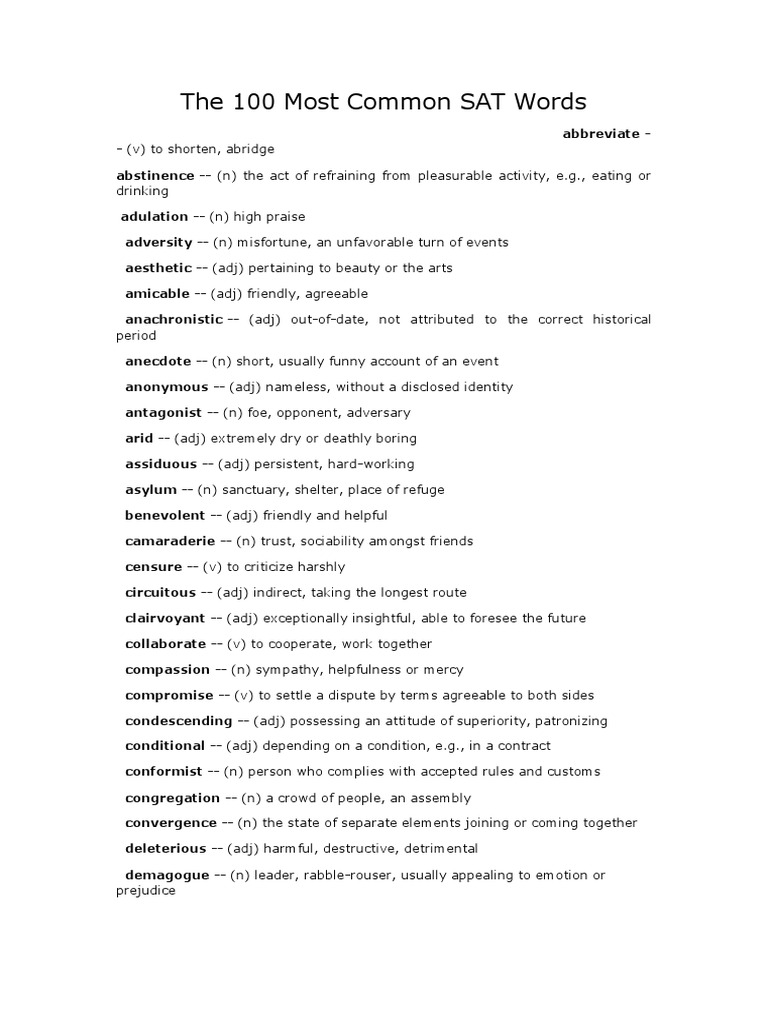 Top 100 Common SAT Vocabulary Words | PDF | Psychological Concepts ...