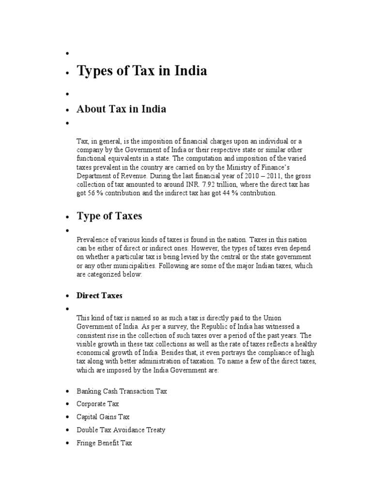 Types of Tax in India PDF Direct Tax Indirect Tax