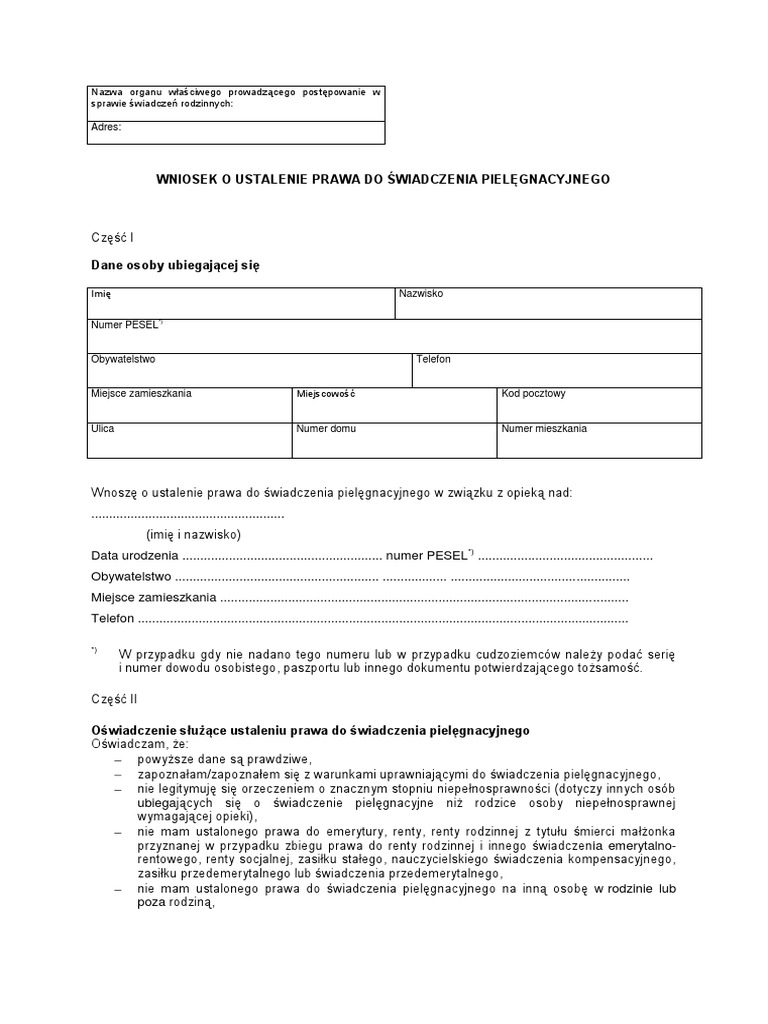 Wniosek Rodzica O Powtarzanie Klasy Wzór Wniosek o Ustalenie Prawa Do Swiadczenia Pielegnacyjnego