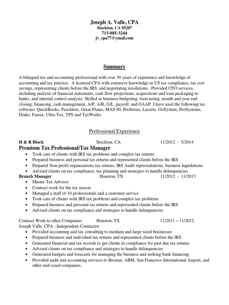 Senior Tax Manager Supervisor in Stockton CA Resume Joseph Valle PDF