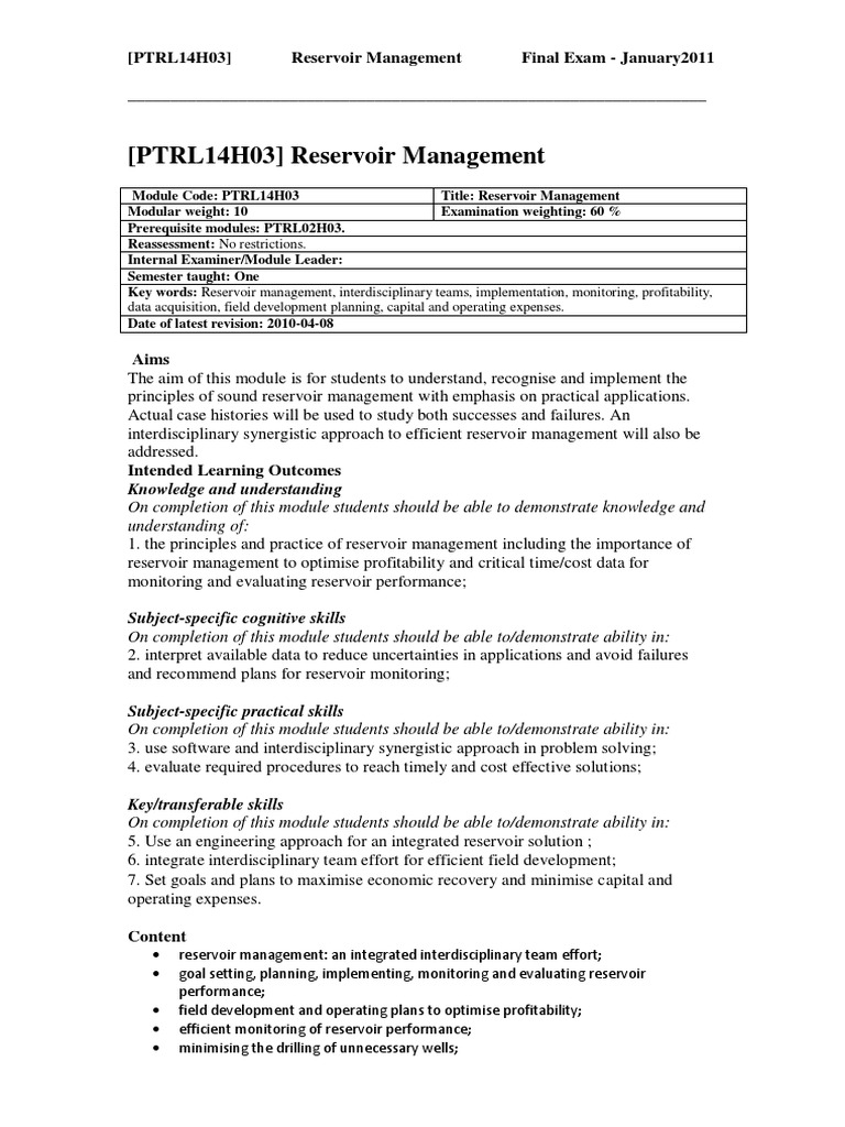 (PTRL14H03) Model Answer Reservoir Management PDF Petroleum Reservoir Modularity