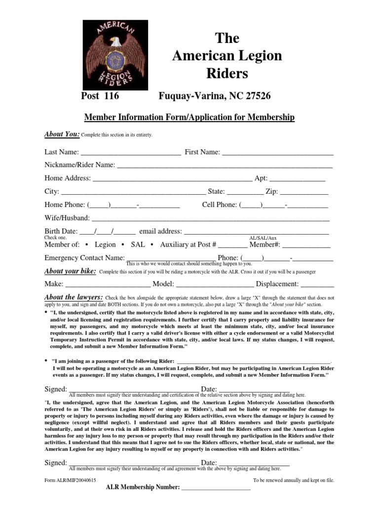 American Legion Riders Printable Application Form