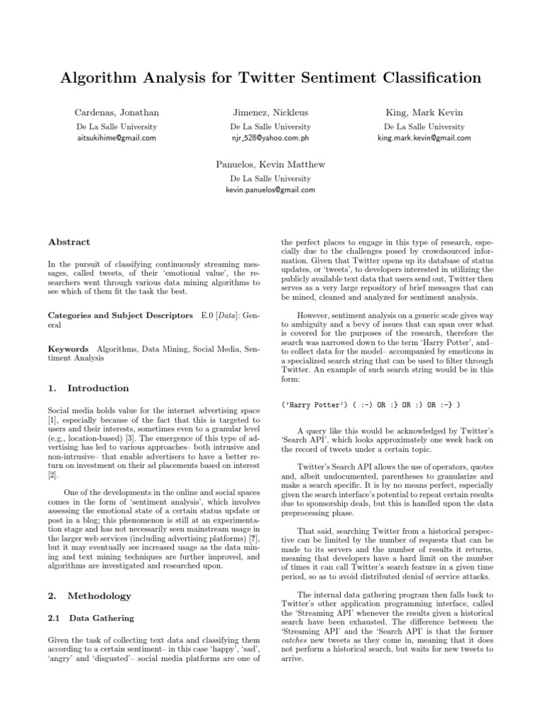 Algorithm Analysis For Twitter Sentiment Classification | PDF | Cluster ...