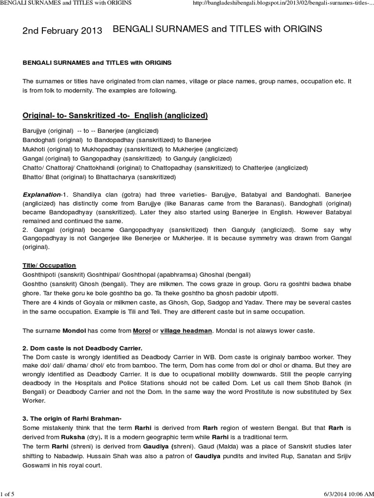 Bengali Surnames and Titles With Origins Bengal Social Groups Of