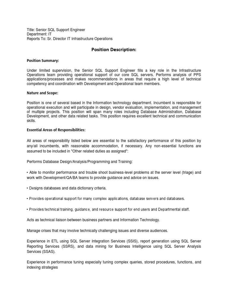 Senior SQL Support Engineer Job Description Microsoft