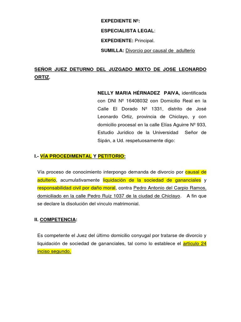 Divorcio Por Causal de Adulterio | PDF | Propiedad de la comunidad |  Divorcio