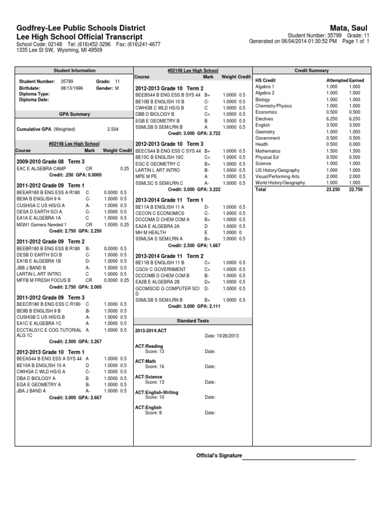 Lee High School Student Transcript | PDF | Technology & Engineering