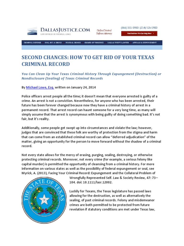 SECOND CHANCES HOW TO GET RID OF YOUR TEXAS CRIMINAL RECORD