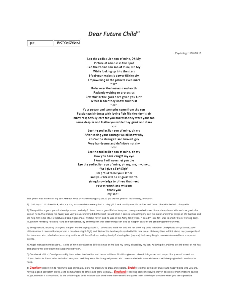 Dear Future Child Of Mine Psychology 1100 Class Assignment Ch15 Gender Role Behavioural Sciences