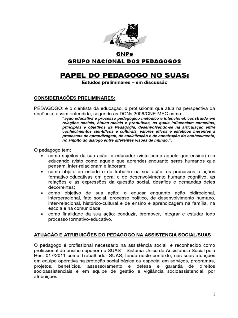 Papel do Pedagogo no SUAS: Atribuições e Atuação | PDF | Pedagogia ...