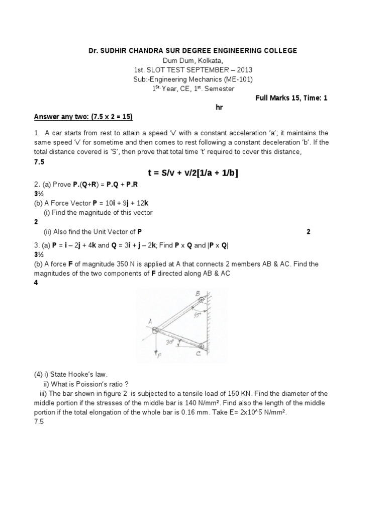 Engineering Mechanics Test September 2013 | PDF
