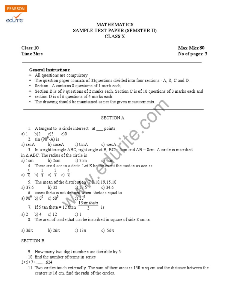 Class 10 Cbse Maths Sample Paper Term 2 Model 2 | PDF