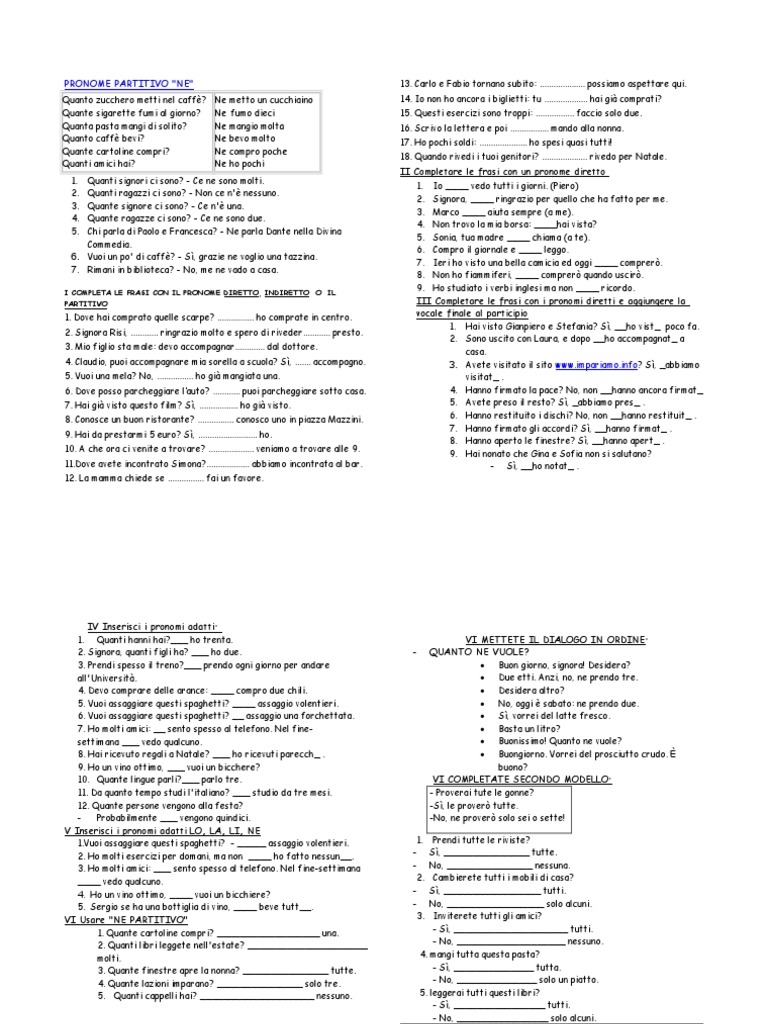 Pronomi Diretti E Indiretti Esercizi Pdf