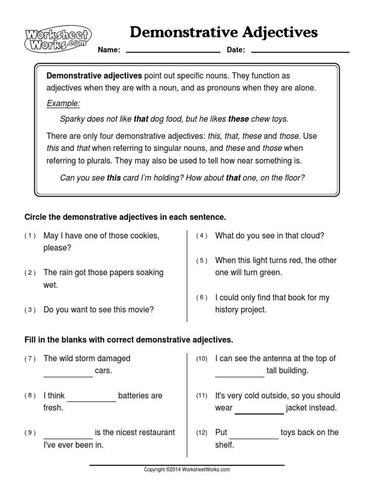 Worksheetworks Demonstrative Adjectives 1 Adjective Noun