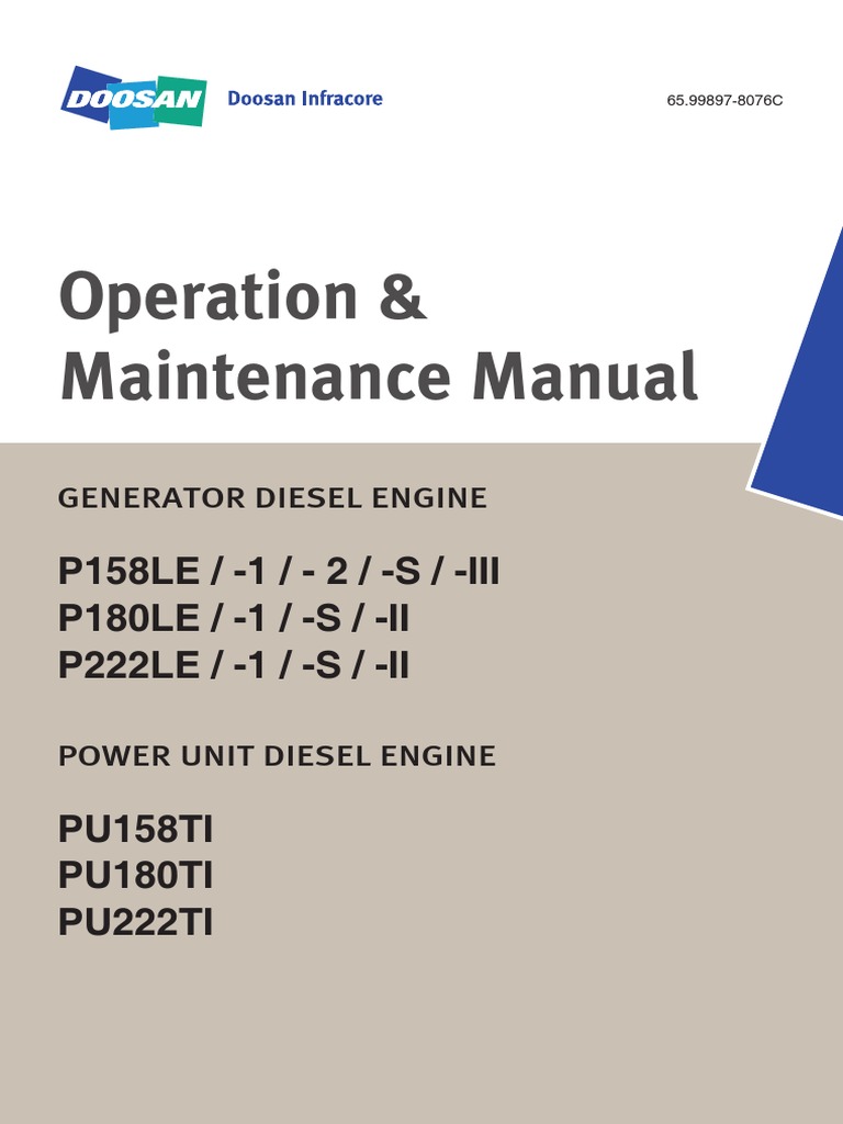 Operation and Maintenance Manual P158LE - P180LE - P222LE Daewoo, Doosan |  Internal Combustion Engine | Turbocharger