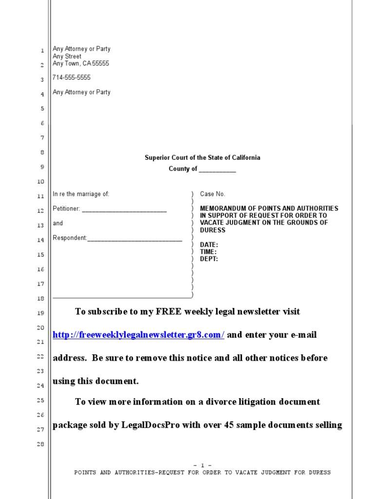 Sample Motion to Vacate California Divorce Judgment for Duress