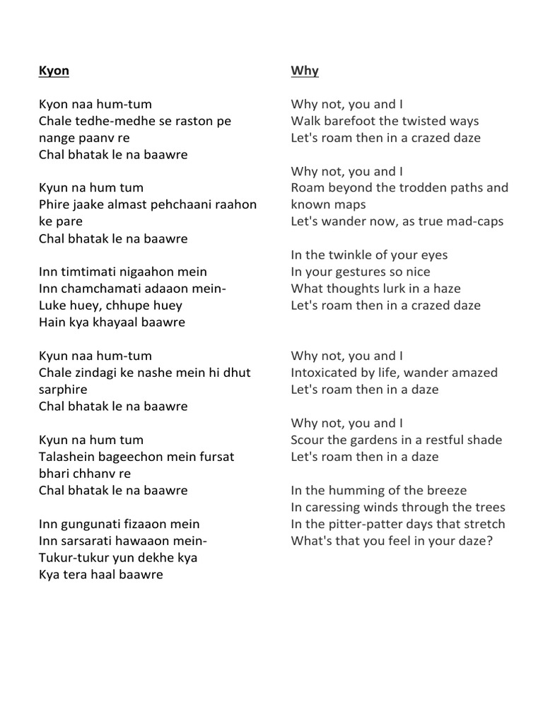 Kyon Lyrics Pdf