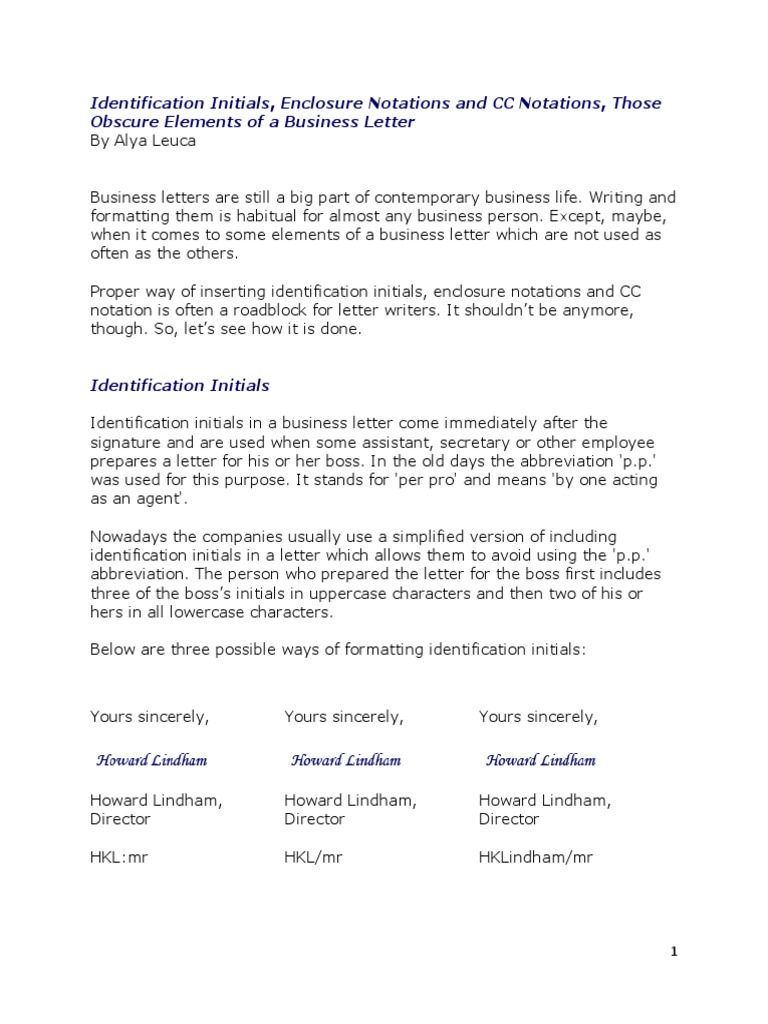 Identification Initials, Enclosure Notations and CC Notations in a
