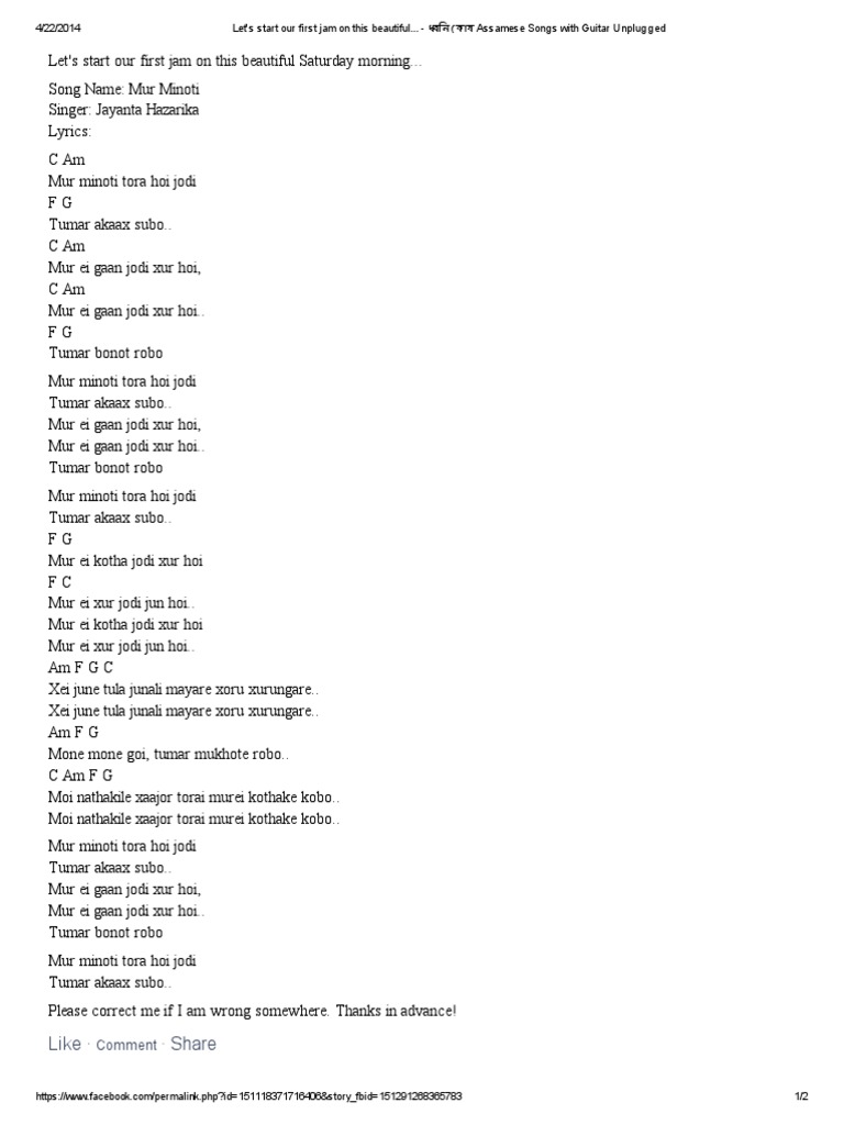 Mur Minoti Tora Hoi Jodi Assamese Song | PDF | Guitar Family ...
