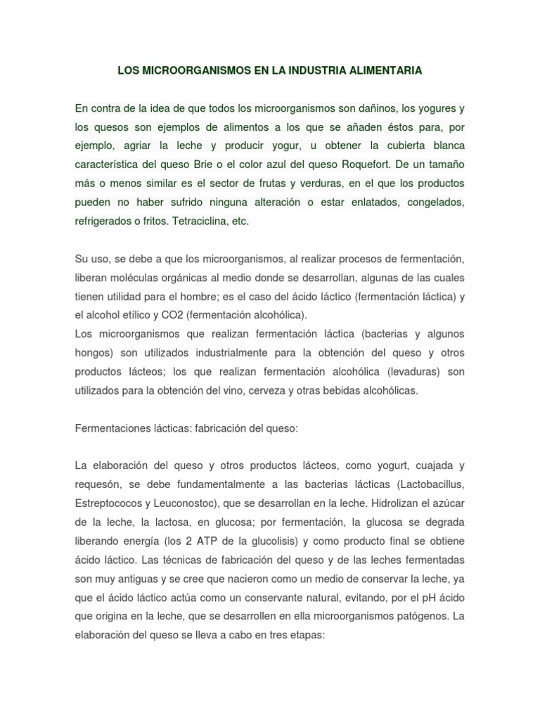 Microorganismos en la Industria Alimentaria | PDF | Queso | Yogur