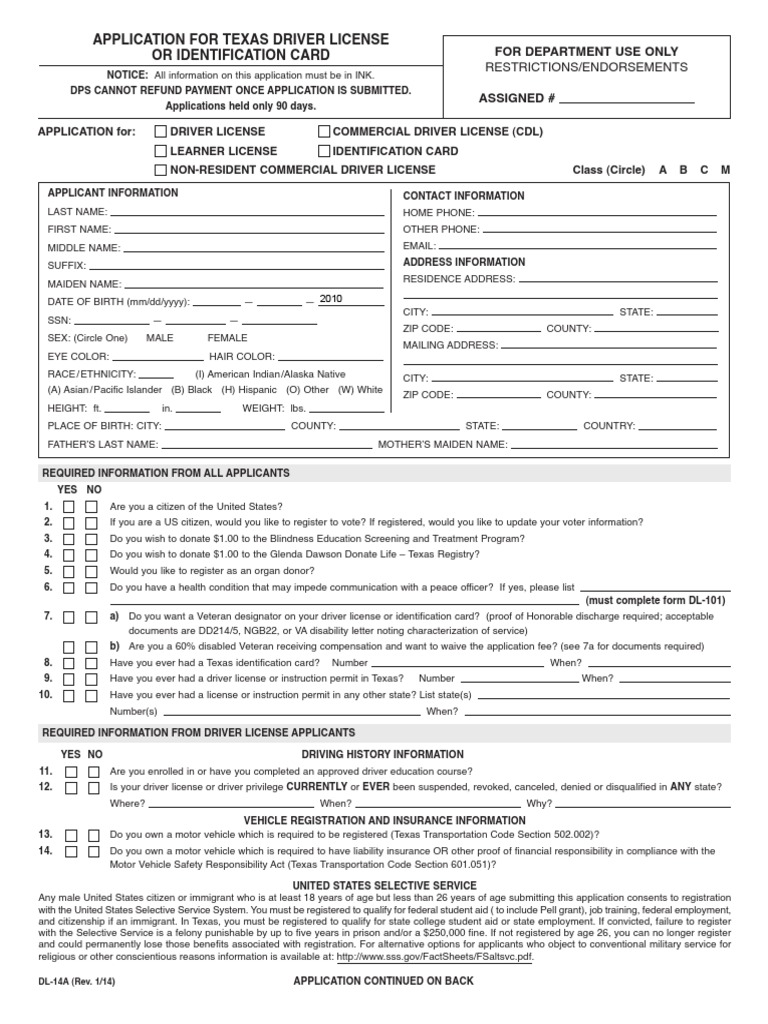 dl-14a texas driver's license form | pdf | driver's license